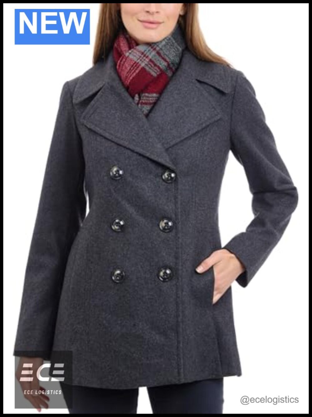 Double Breasted Peacoat with Scarf Wool Blend Long Sleeve